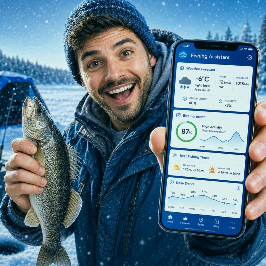 Fishing Assistant app screen with forecast and map
