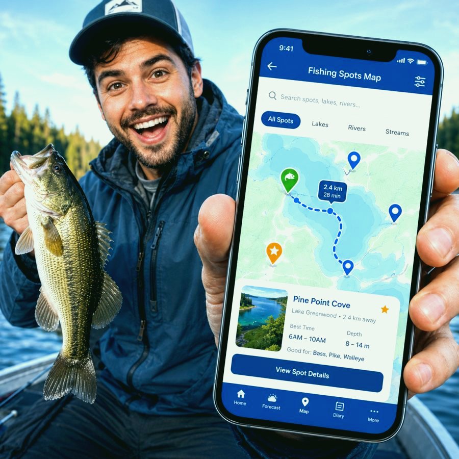 Fishing map screen with saved spots